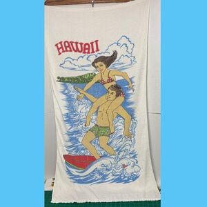 Vintage Hawaii Beach Towel Surfing Design Malihini Gifts 100% Cotton
